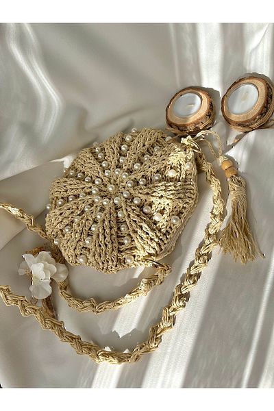 DNA MODA Ecru Macaron Bag - Bohemian Straw Bag with Pearl Detail / Hand Knitted Straw Bag