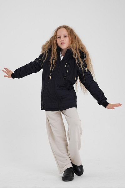 SİVAİST Girl's Navy Blue Quilted Jacket - Water and Windproof, Detachable Hood
