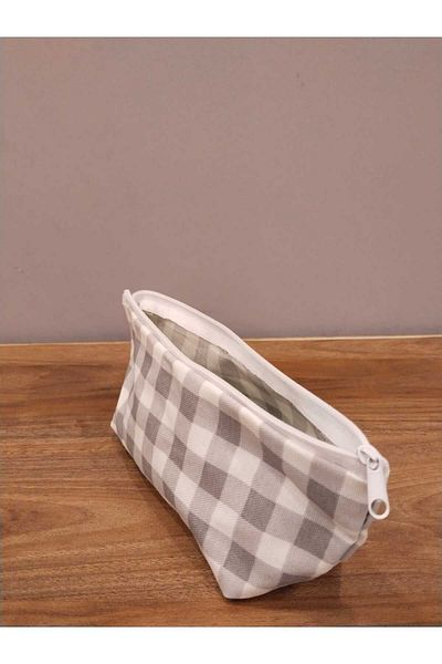 Elbasan Tekstil Γκρι Gingham που πλένεται με φερμουάρ Μονό Μακιγιάζ Θήκη για στυλό