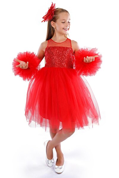 Buse&Eylül Bebe Girl's Birthday Party Dress - Red Pompom Sleeves