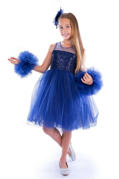Buse&Eylül Bebe Girl's Birthday Navy Blue Pompom Sleeve Party Dress