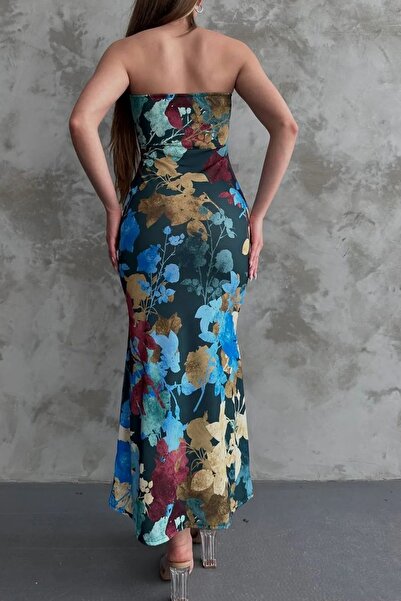 WOMAN VISION Večerní šaty Midi s květinovým vzorem bez ramínek - 12158