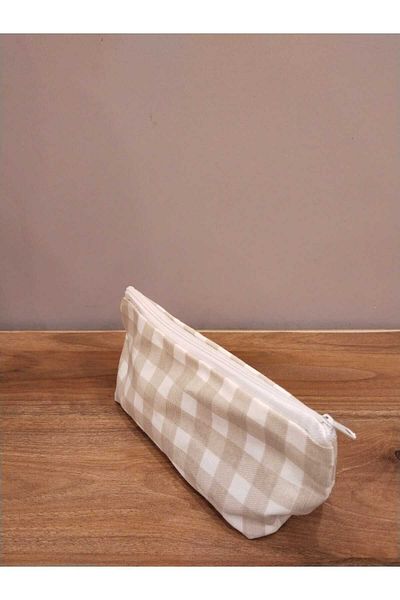 Elbasan Tekstil Coffee Gingham Πλενόμενη τσάντα μακιγιάζ με φερμουάρ για μονό μάτι