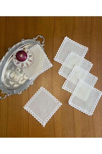Smiling Home 6 Pieces Linen Linen Ecru Color Square Laced Etamine Suitable for Processing Cocktail Presentation Napkin