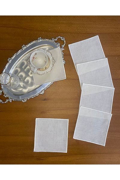 Smiling Home Linen Linen Ecru Embroidered 6 Pieces Square Cocktail Presentation Napkin Suitable for Etamine Processing