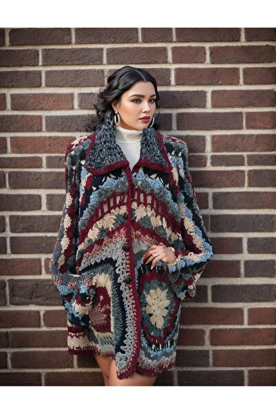 Hippybutik Çok Renkli Mandala Motifli Tığ Dokuma Özel Tasarım El İşi Yün Hırka