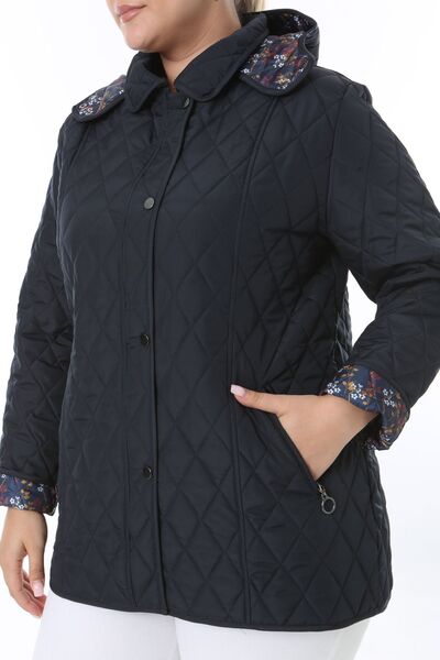 TUTveAL Collection Quilted Coat, Large Size Coat, Spring, Jacket, Hooded, Water Resistant Coat, Navy Blue