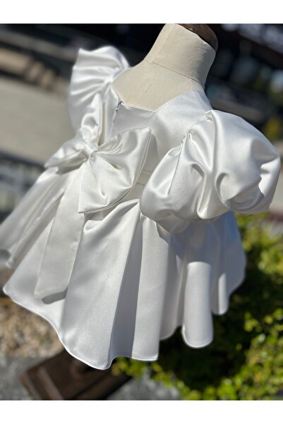 Bertuğ Kırık Beyaz Saten Balon Kol Kız Çocuk Bebek Abiye Mevlüt Düğün Gelinli...