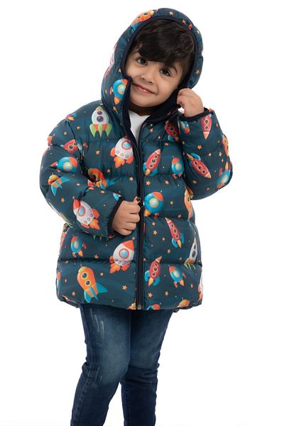 Montstop Boy's Winter Puffer Jacket - Fleece, Hooded, Rocket Pattern
