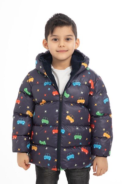 Outriverkids Boy's Winter Puffer Jacket - Fleece, Hooded, Star and Moon Pattern
