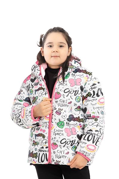 Outriverkids Girl's Fleece Inside Furry Hooded Girls Written Butterfly Patterned Winter Puffer Jacket Coat Parka