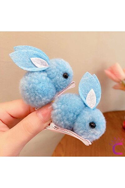 Cinderella 2'li Tamamen Astarlı Peluş Tavşanlı Bebek Toka Seti Gök Mavi - Kız...