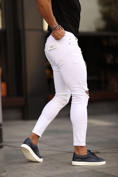 NO61 MAN Beyaz Yırtık Model Likralı Dar Paça Pantolon
