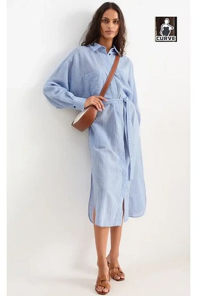 For Big Trend Women's Wide Cut Striped Dress - Large Pocket, Side Oval Cut, Button and Belt