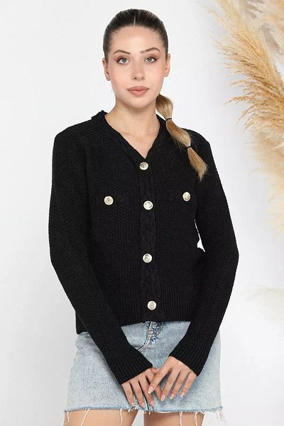 GÜLSELİ Women's Shaç Knit Patterned Black Knitwear Cardigan