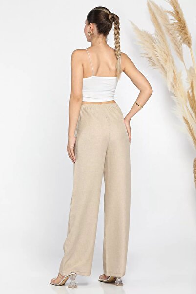 GÜLSELİ Beige Wide Leg Elastic Waist Women's Trousers