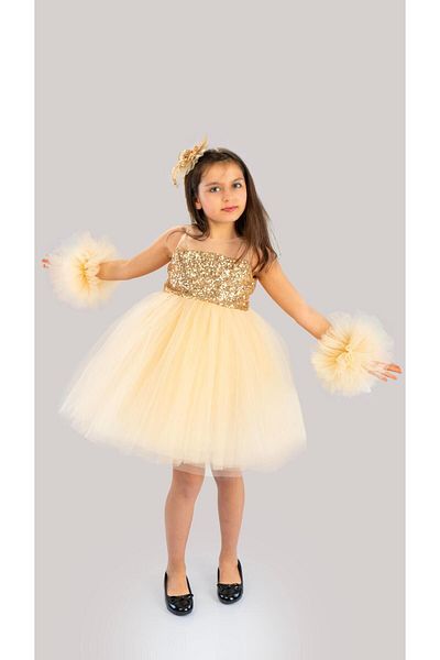 Buse&Eylül Bebe Gold Colored Girl's Birthday Party Dress with Pompom Sleeves