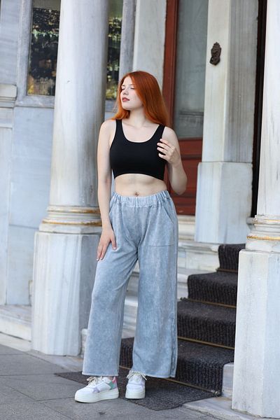AYASOFYA OTANTIK Gray Antique Knitwear Trousers - Pocket Detailed, Wide Leg, Loose Cotton