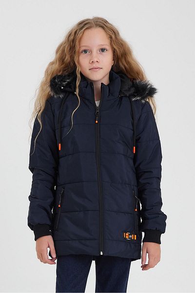 SİVAİST Navy Blue Girl's Water and Windproof Removable Hooded Washable Fur Coat