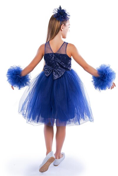 Buse&Eylül Bebe Κοριτσίστικο φόρεμα γενεθλίων Navy Blue Pompom Sleeve Party