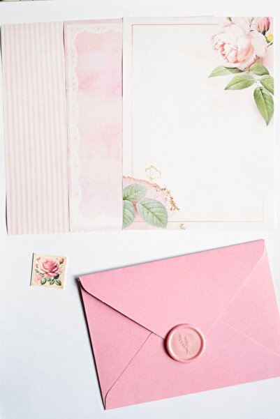 GÖKÇETasarım مجموعة رسائل وردية عتيقة - مع مظاريف وختم، هدية