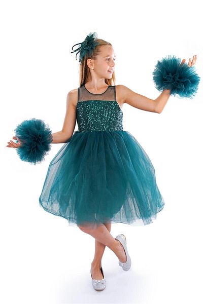 Buse&Eylül Bebe Girl's Green Pompom Sleeve Birthday Party Dress