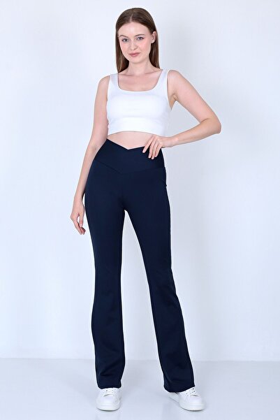 MAXFIT Women's Navy Blue Spanish Leg High Waist Cross Belt Leggings Trousers