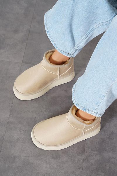 Moda Pie Γυναικείες μπότες Suede Skin Color - με παχιά σόλα και εσωτερική γούνα
