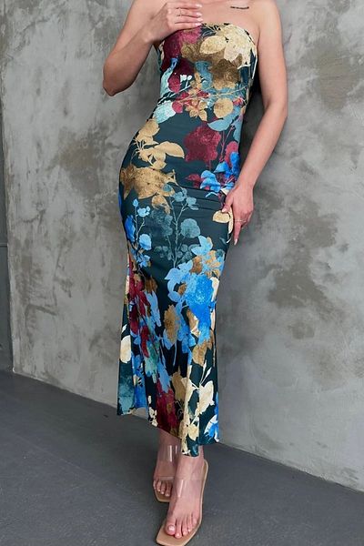 WOMAN VISION Večerní šaty Midi s květinovým vzorem bez ramínek - 12158