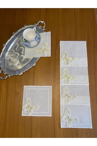 Smiling Home 6 Pieces Gardenia Linen Ecru Color Double Square Mobile Butterfly Stylish Cocktail Presentation Napkin