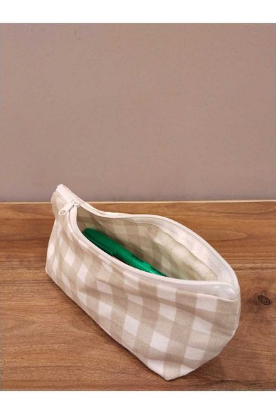 Elbasan Tekstil Coffee Gingham Πλενόμενη τσάντα μακιγιάζ με φερμουάρ για μονό μάτι