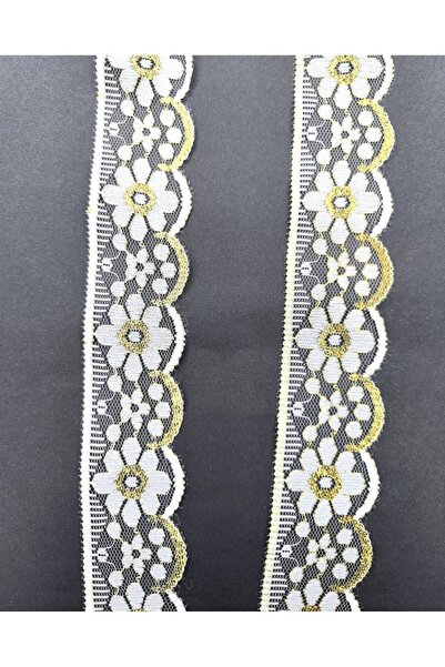 FASHİON DANTEL Lycra Free Nylon Lace 5.0 cm Width 5 Mt Black Gold and White Gold Color Glitter Lace Edge Model