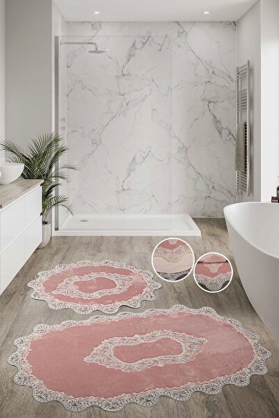 SırmalıHome Sardunya Fransız Güpürlü Pudra Büyük Ebat 2'li Banyo Ve Salon Pas...