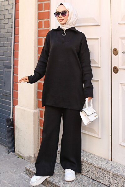 benguen Black Knitwear Set - 3109 Model, Zippered Collar