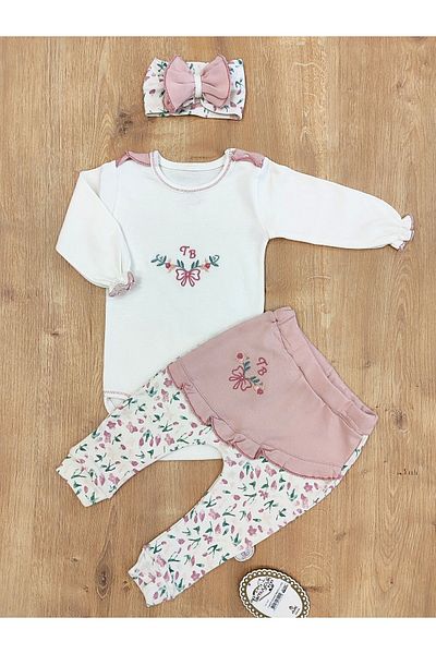 Tomuycuk Ecru Baby Girl Kids Set - 3-Piece Spring Bodysuit Long Sleeve, 3-12 Months Outfit Clothing