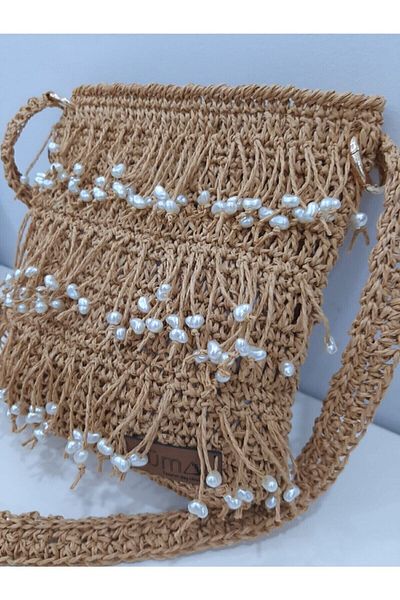 ZÜMAL Luxury Women's Shoulder Bag - Rope Pearl Hand Knitted and Straw Color