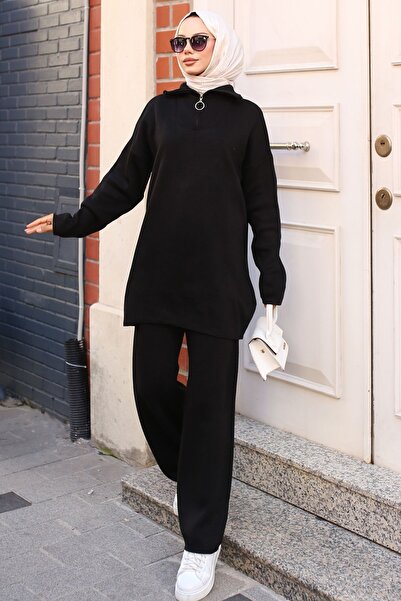 benguen Black Knitwear Set - 3109 Model, Zippered Collar