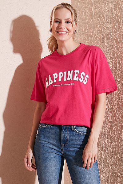 Lela Printed Cotton Oversize Crew Neck T Shirt T SHIRT 541HAPPINESS