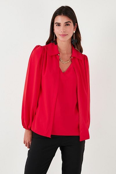 Lela Regular Fit V-Neck Balloon Sleeve Blouse BLUZ 611BZ0353