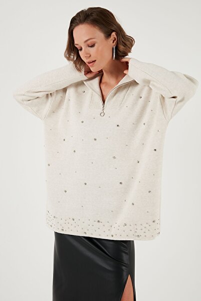 Lela Pulover de tricotaj cu jumătate de fermoar cu detalii în piatră - KAZAK 4615219