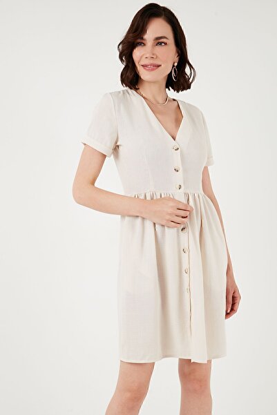 Lela Μπροστινό κουμπί με τσέπες Κοντό μανίκι V λαιμόκοψη Φόρεμα με κανονική εφαρμογή 611EL222