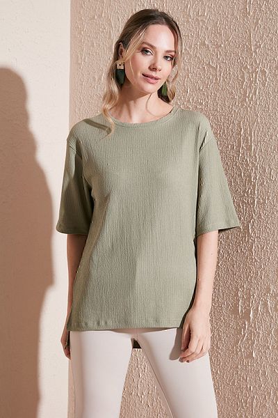Lela Crew Neck Slit Detailed Wrapped Fabric Blouse BLUZ5865365