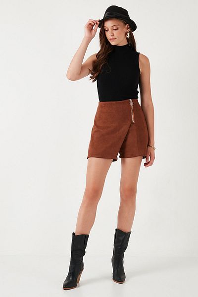 Lela Asymmetric Cut Slim Fit Winter Shorts Skirt - Zipper Detailed 5865969