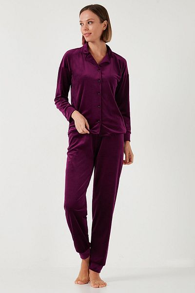 Lela Shiny Velvet Ribbed Regular Fit Pajama Set - Pyjamas Set 6097110