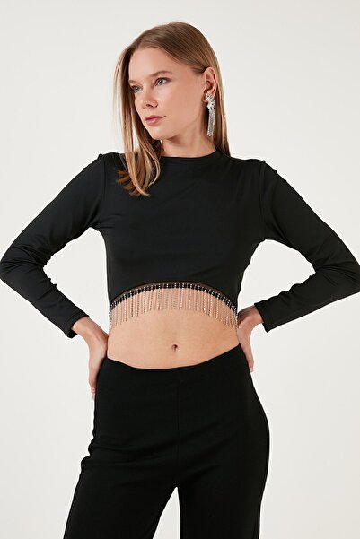 Lela Slim Fit Crew Neck Chain Crop Μπλούζα BLUZ 5865397