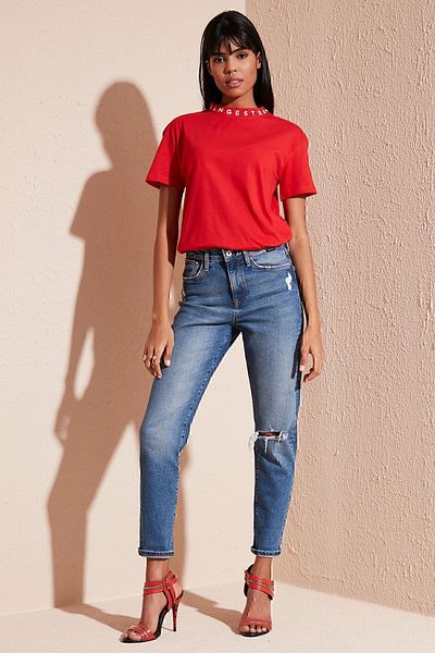 Lela Printed Collar Crew Neck Basic Knitted T-Shirt5864054