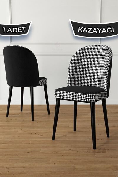 Canisa Kaze Serisi 1 Adet Kazayağı Desen Mutfak Sandalyesi Siyah Metal Iskeletli 1. Sınıf Babyface Kumaş