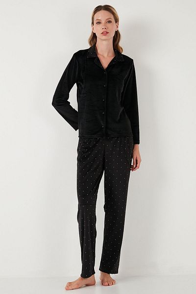 Lela Shiny Patterned Regular Fit Velvet Pajama Set - 65713311