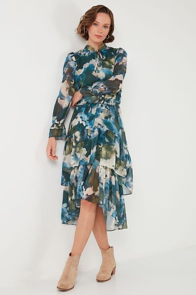 Lela Regular Fit Boyundan Bağlamalı Volanlı Şifon Midi Elbise  ELBİSE 611EL1450