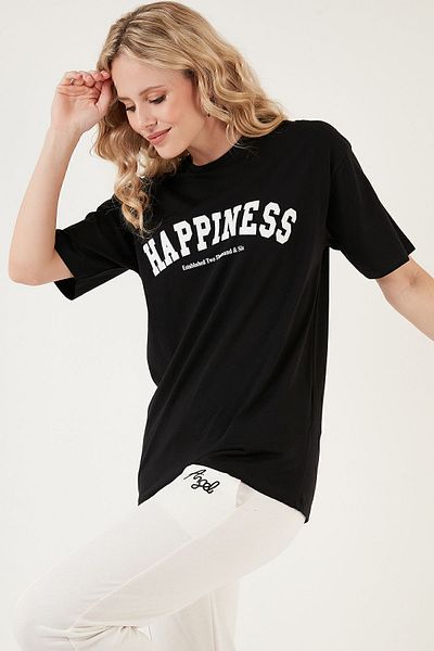 Lela Printed Cotton Oversize Crew Neck T Shirt T SHIRT 541HAPPINESS